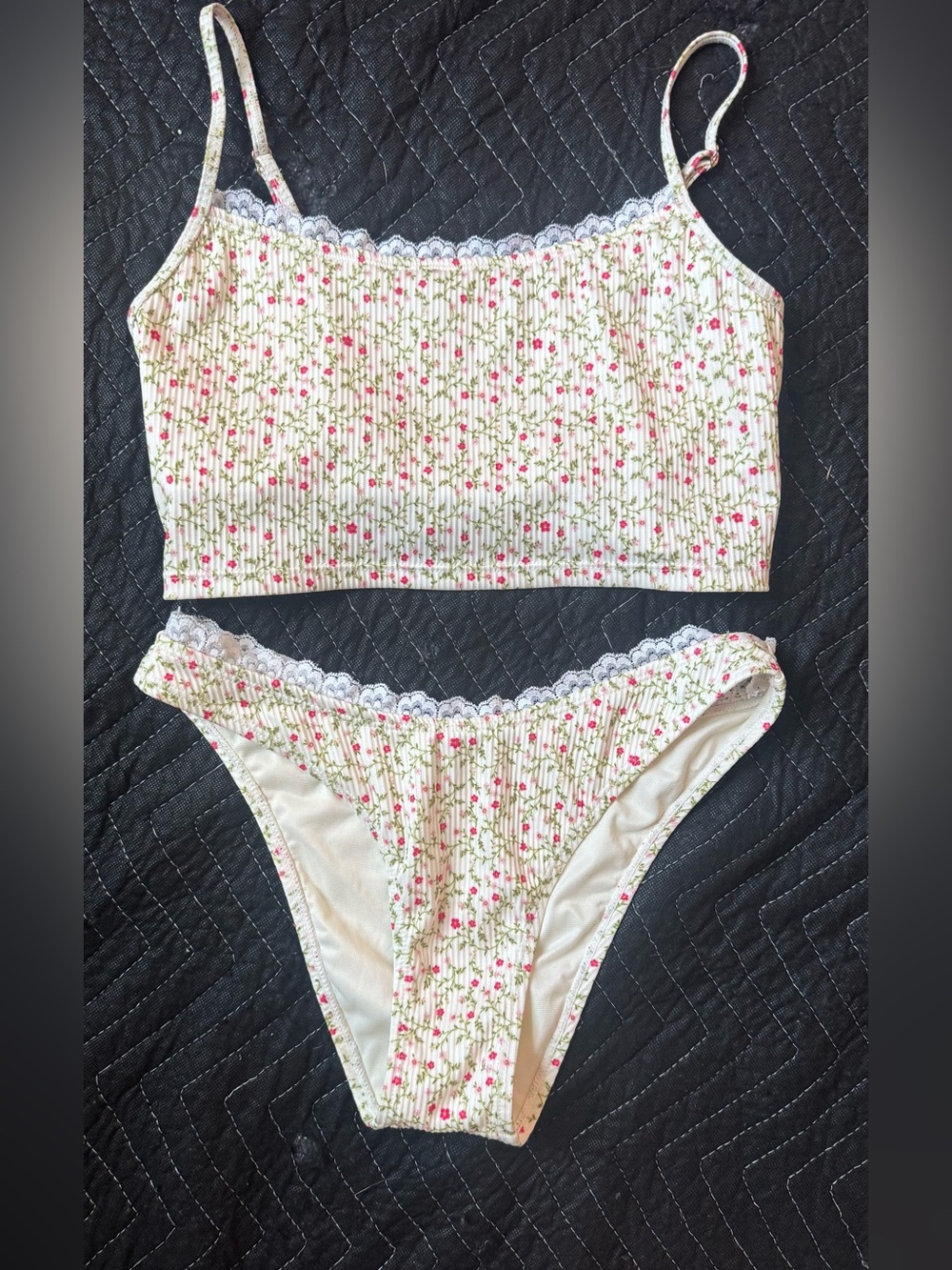 Floral Lace-Trim Bralette & Bikini Set - Cream with Pink Flowers